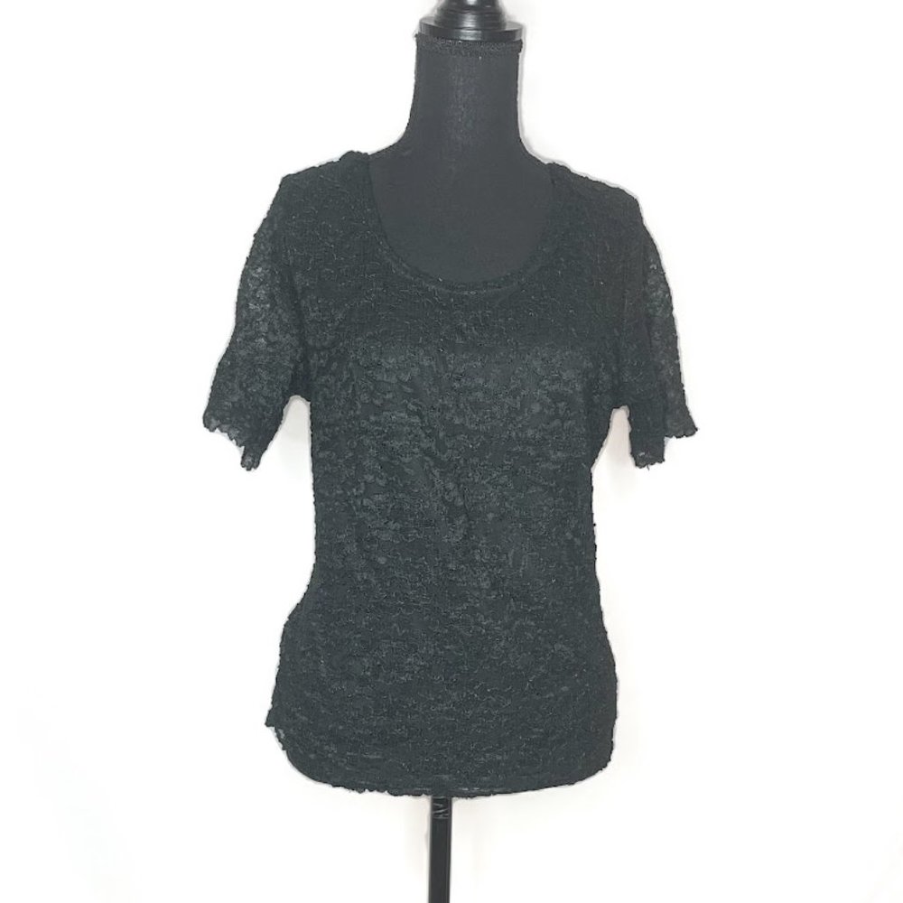 Vintage 80s Notations Black Blouse | Textured Short Sleeve Top | Retro Style XL